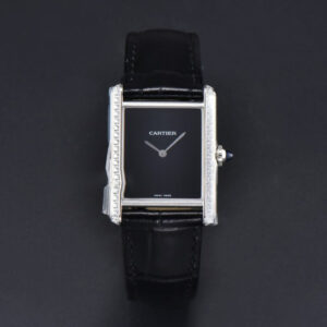 Tank Must Large 33.7×25.5mm K11F Diamond Bezel Black Dial Black Leather Strap Quartz