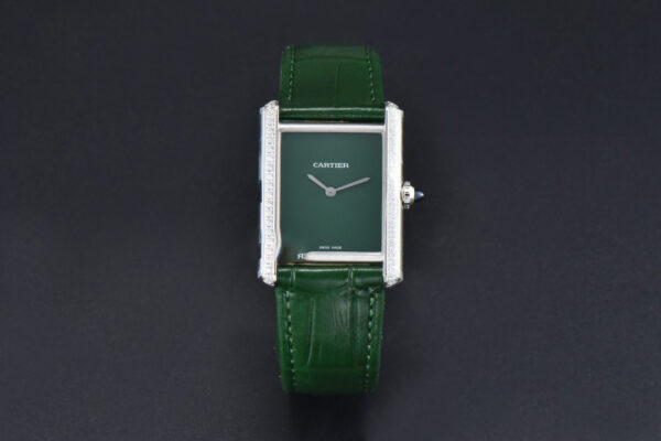 Tank Must Large 33.7×25.5mm K11F Diamond Bezel Green Dial Green Leather Strap Quartz