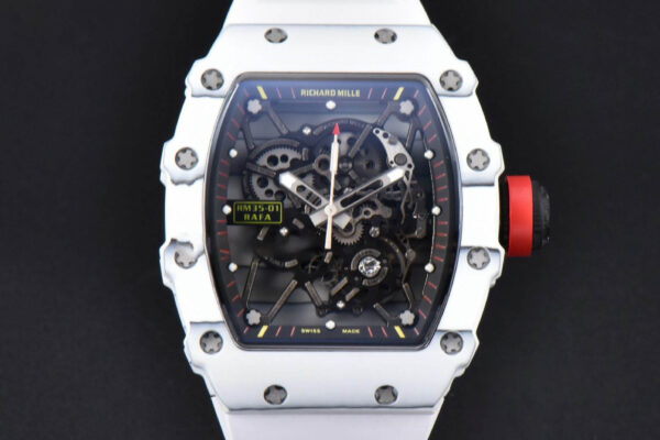 RM035-02 42mm White Forged Carbon T+F Skeleton Dial Red Crown White Rubber Strap RMUL2