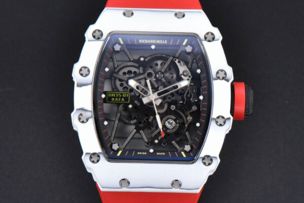 RM035-02 42mm White Forged Carbon T+F Black Skeleton Dial Red Crown Red Rubber Strap RMUL2