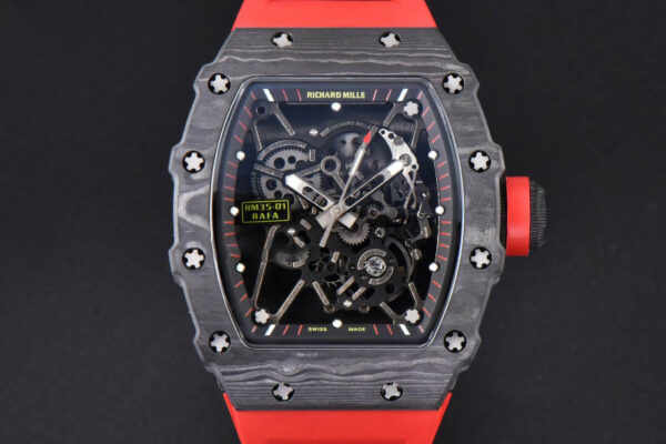 RM035-02 42mm Black Forged Carbon T+F Skeleton Dial Red Crown Red Rubber Strap RMUL2