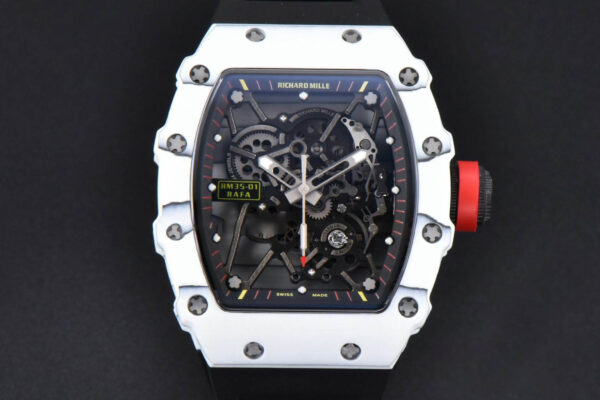 RM035-02 42mm White Forged Carbon T+F Skeleton Dial Red Crown Black Rubber Strap RMUL2