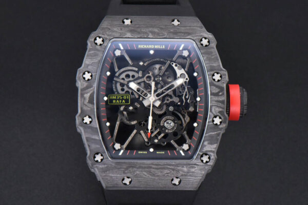 RM035-02 42mm Black Forged Carbon T+F Black Skeleton Dial Red Crown Black Rubber Strap RMUL2