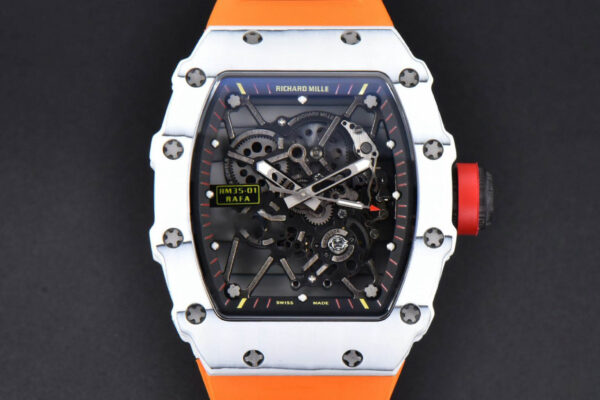 RM035-02 42mm White Forged Carbon T+F Skeleton Dial Red Crown Orange Rubber Strap RMUL2