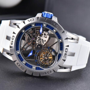 Excalibur Sports Tourbillon Titanium JBF 46MM Skeleton Dial Blue Crown White Rubber Strap - Image 6