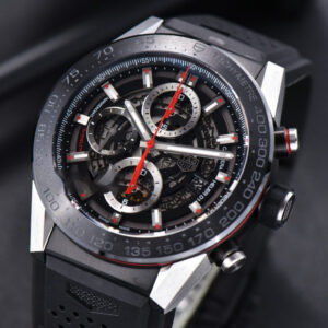 Calibre Heuer 01 Chrono XF 45MM PVD Skeleton Black Dial Red Hand Black Rubber Strap A1887 - Image 11