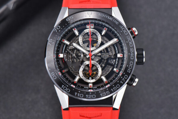 Calibre Heuer 01 Chrono XF 45MM Skeleton Dial Red Hand Red Rubber Strap A1887