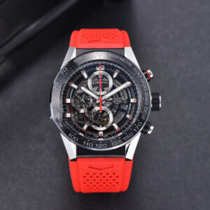 Calibre Heuer 01 Chrono XF 45MM Skeleton Dial Red Hand Red Rubber Strap A1887 - Image 4