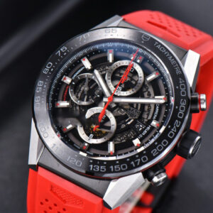 Calibre Heuer 01 Chrono XF 45MM Skeleton Dial Red Hand Red Rubber Strap A1887 - Image 6
