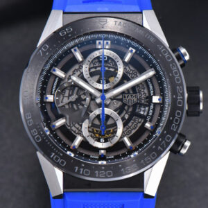 Calibre Heuer 01 Chrono XF 45MM PVD Skeleton Dial Blue Hand Blue Rubber Strap A1887