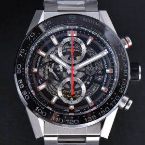 Calibre Heuer 01 Chrono XF 45MM PVD Skeleton Dial Red Hand SS Bracelet A1887