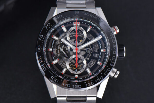 Calibre Heuer 01 Chrono XF 45MM PVD Skeleton Dial Red Hand SS Bracelet A1887