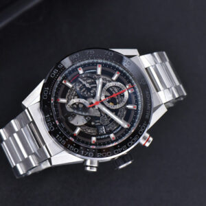 Calibre Heuer 01 Chrono XF 45MM PVD Skeleton Dial Red Hand SS Bracelet A1887 - Image 6