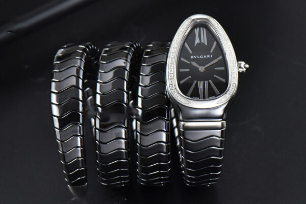 Serpenti Spiga SS 35MM BVF Polycyclic Black Ceramic Black Dial Diamond Bezel Quartz