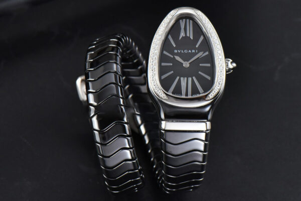 Serpenti Spiga SS 35MM BVF Black Ceramic Black Dial Diamond Bezel Quartz