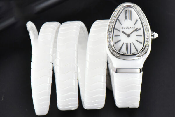 Serpenti Spiga SS 35MM BVF Polycyclic White Ceramic White Dial Diamond Bezel Quartz