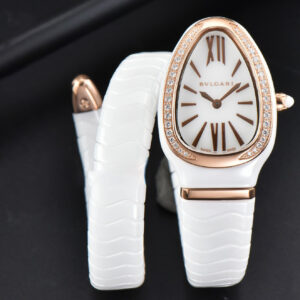 Serpenti Spiga RG 35MM BVF White Ceramic White Dial Diamond Bezel Quartz