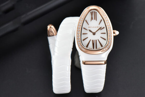 Serpenti Spiga RG 35MM BVF White Ceramic White Dial Diamond Bezel Quartz