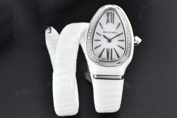 Serpenti Spiga SS 35MM BVF White Ceramic White Dial Diamond Bezel Quartz