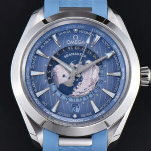 Aqua Terra 150m GMT Worldtimer 43mm VSF Ice Blue Dial Light Blue Rubber Strap A8938