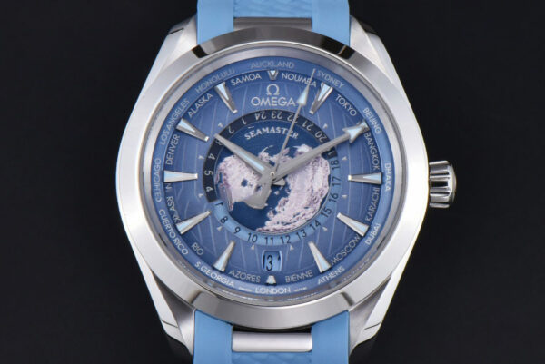 Aqua Terra 150m GMT Worldtimer 43mm VSF Ice Blue Dial Light Blue Rubber Strap A8938