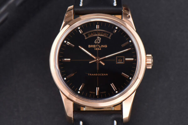 Transocean Day & Date V7F 43MM RG Black Dial Black Leather Strap Clone CA145