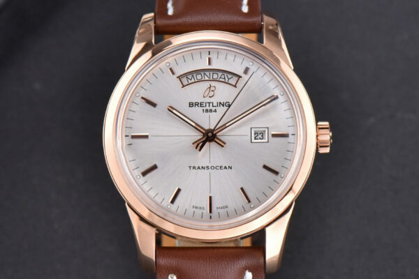 Transocean Day & Date V7F 43MM RG Silver Dial Brown Leather Strap Clone CA145