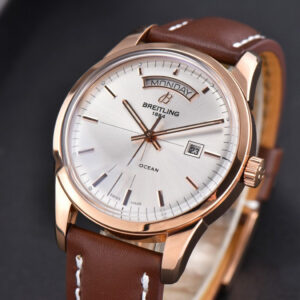 Transocean Day & Date V7F 43MM RG Silver Dial Brown Leather Strap Clone CA145 - Image 8