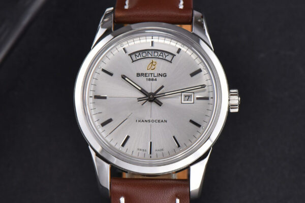 Transocean Day & Date V7F 43MM Silver Dial Brown Leather Strap Clone CA145