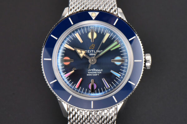 SuperOcean Heritage 42mm SS GF Blue Ceramic Blue Dial Rainbow Marker Mesh Bracelet A2824