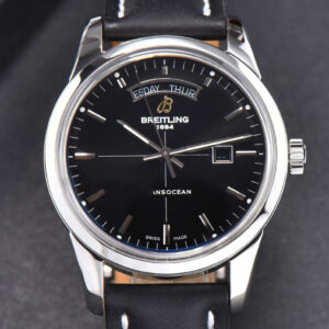 Transocean Day & Date V7F 43MM Black Dial Black Leather Strap Clone CA145