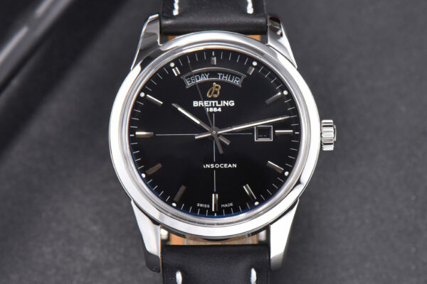 Transocean Day & Date V7F 43MM Black Dial Black Leather Strap Clone CA145