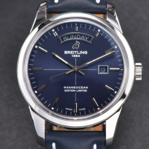 Transocean Day & Date V7F 43MM Blue Dial Black Leather Strap Clone CA145