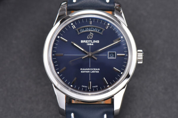 Transocean Day & Date V7F 43MM Blue Dial Black Leather Strap Clone CA145