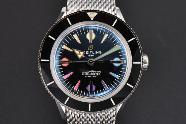 SuperOcean Heritage 42mm SS GF Black Ceramic Black Dial Rainbow Marker Mesh Bracelet A2824