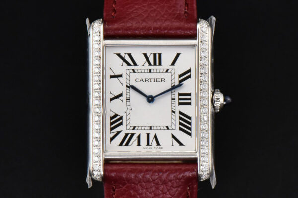 Tank Must Large 33.7×25.5mm Diamond K11F White Dial Red Litchi Grained Strap Quartz