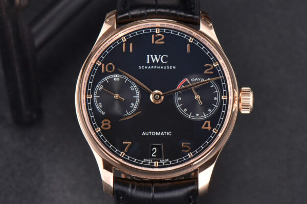 Portuguese Real PR IW500107 RG ZF 42MM Black Dial Black Leather Strap