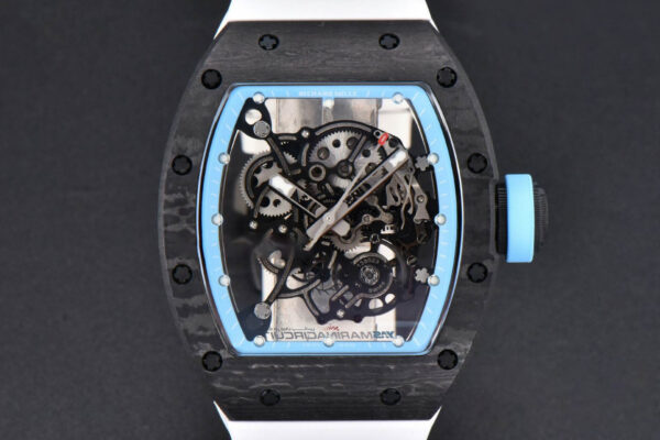 RM055 Real NTPT 42.7mm BBRF Blue Skeleton Dial White Rubber Strap RMUL2