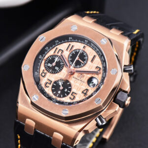 Royal Oak Offshore 26470OR RG JF 44MM YG Dial Black Subdial Black Leather Strap A3126 - Image 10