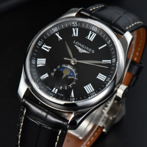 Longines Master Moonphase 40MM GF Black Dial Roma Marker Black Leather Strap A899 - Image 4