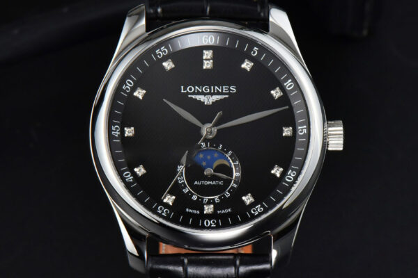 Longines Master Moonphase 40MM GF Black Dial Diamond Marker Black Leather Strap A899