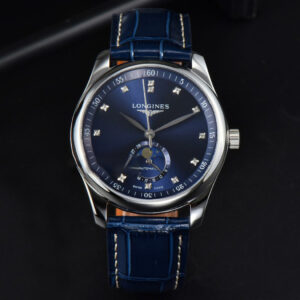 Longines Master Moonphase 40MM GF Blue Dial Diamond Marker Blue Leather Strap A899 - Image 13