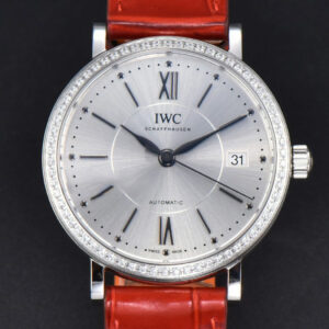Portofino V7F 37MM Diamond Silver Dial Silver Marker Red Leather Strap A2892