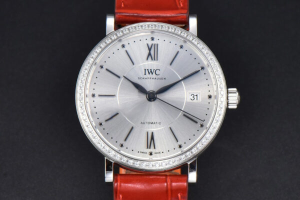 Portofino V7F 37MM Diamond Silver Dial Silver Marker Red Leather Strap A2892
