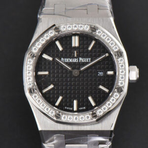 Royal Oak Ladies 33mm 8F Diamond Black Dial SS Bracelet Swiss Quartz