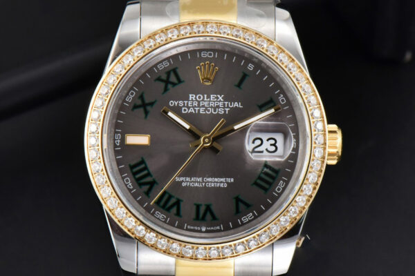 DateJust 36MM YG/SS Diamond BPF Wimbledon Gray Dial Green Roma Marker Oyster Bracelet A2824