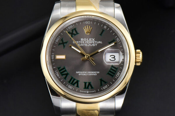 DateJust 36MM YG/SS BPF Smooth Wimbledom Gray Dial Green Roma Marker Oyster Bracelet 2824
