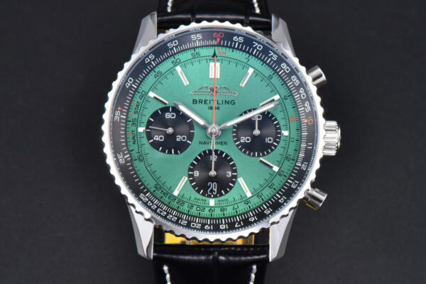 Navitimer B01 43mm BLSF Green Dial Black Subdial Black Leather Strap A7750