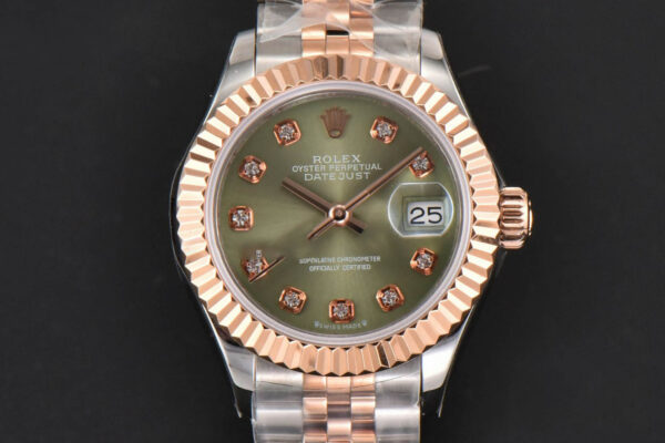 DateJust 28MM Ladies WF RG/SS Green Dial Diamond Marker Jubilee Bracelet A2236