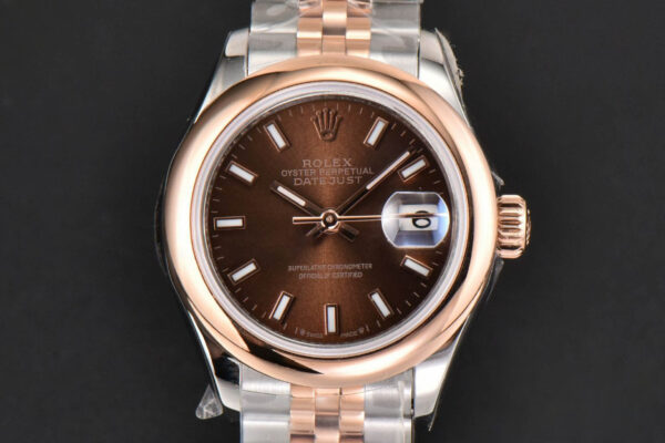 DateJust 28MM Ladies WF RG/SS Smooth Bezel Brown Dial Jubilee Bracelet A2236